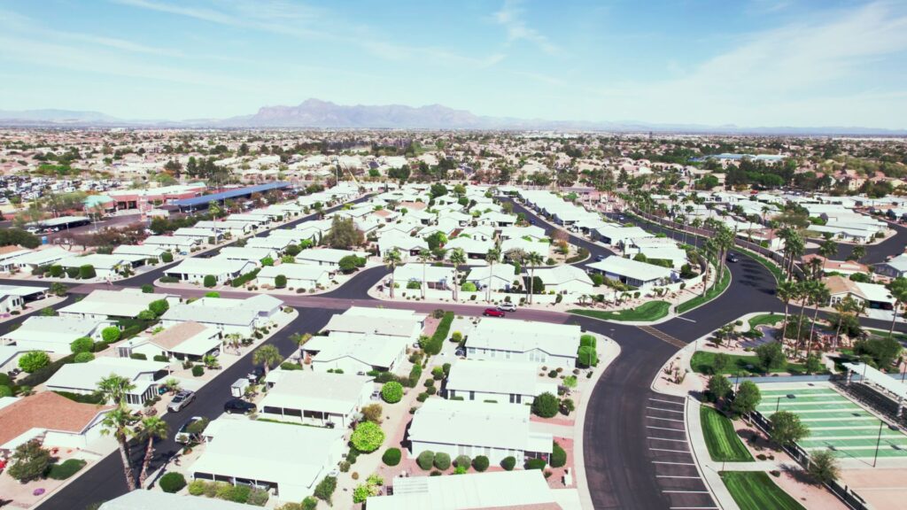 Exterior of a lived-in manufactured home community