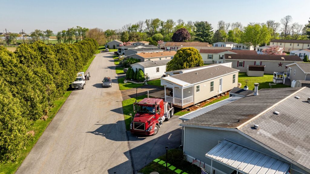 Exterior of a manufactured home getting transported